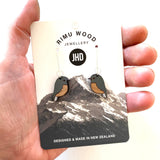 Robin Toutouwai New Zealand rimu bird dangly earrings by Julia Huyser Design
